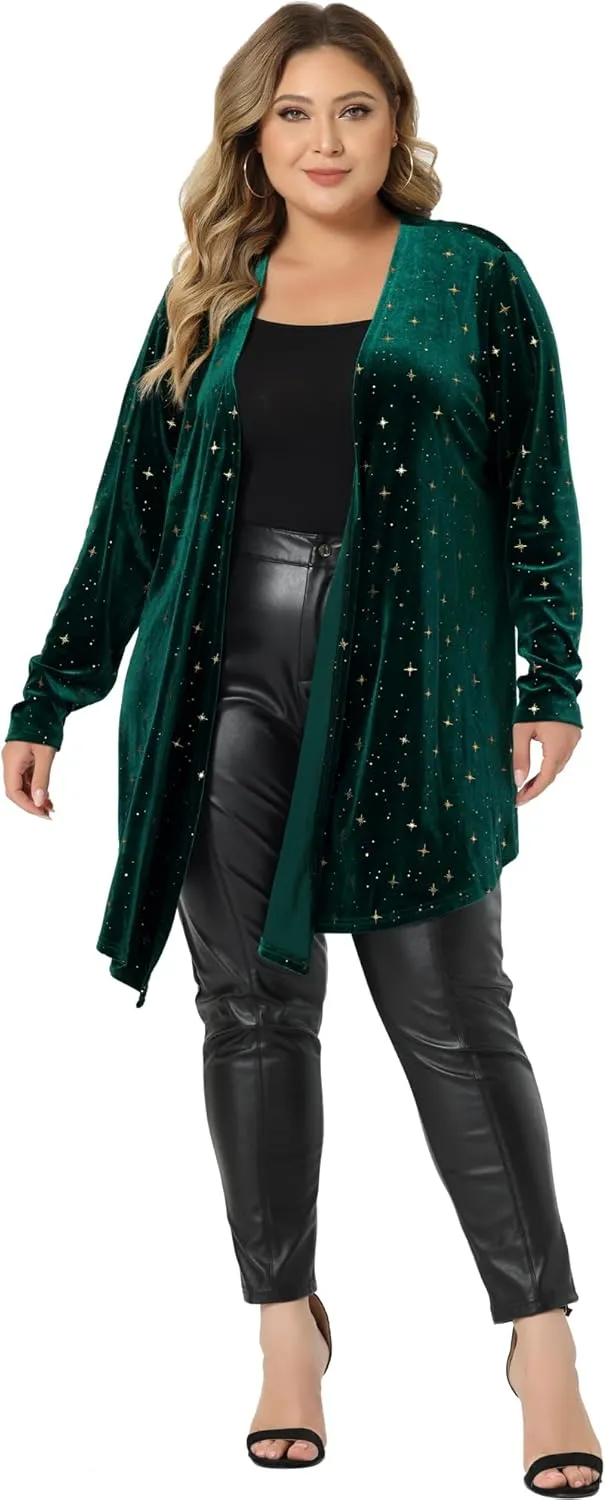 Agnes Orinda Women's Plus Size Cardigans Open Front Draped Shiny Party Velvet Cardigan