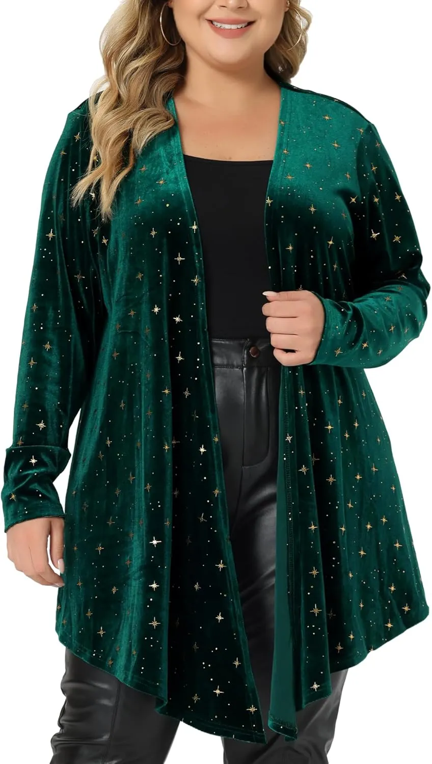 Agnes Orinda Women's Plus Size Cardigans Open Front Draped Shiny Party Velvet Cardigan