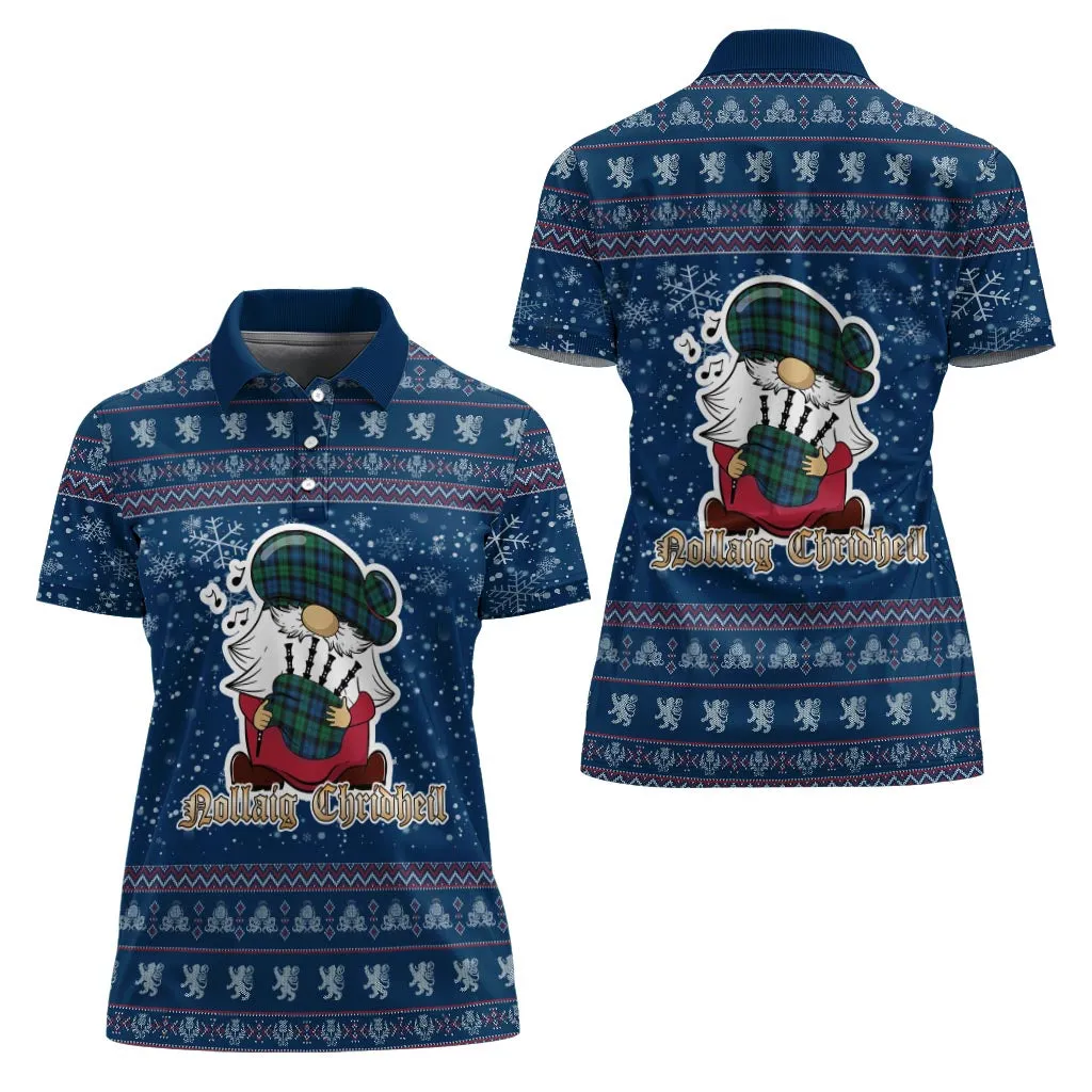Black Watch Ancient Clan Christmas Family Polo Shirt with Funny Gnome Playing Bagpipes