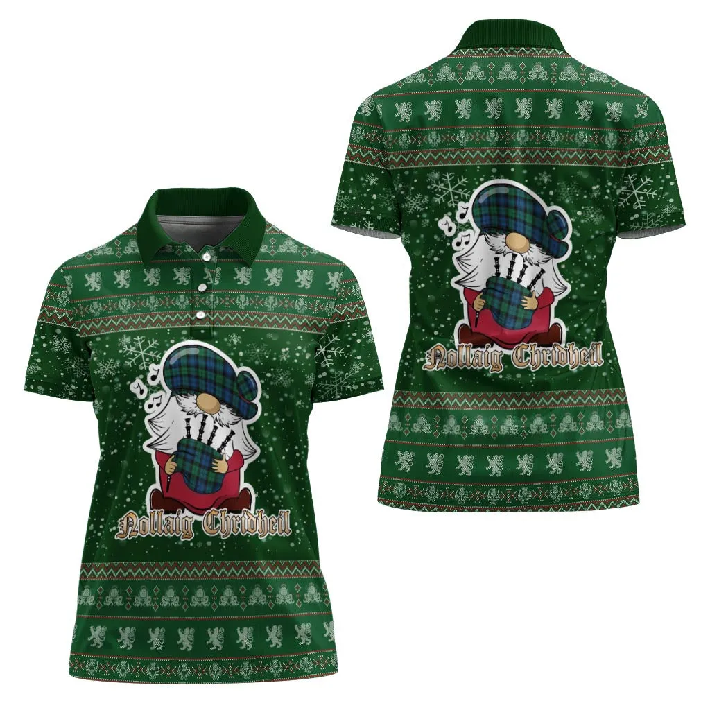 Black Watch Ancient Clan Christmas Family Polo Shirt with Funny Gnome Playing Bagpipes