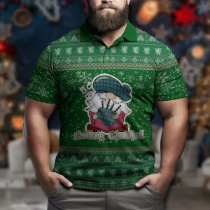 Black Watch Ancient Clan Christmas Family Polo Shirt with Funny Gnome Playing Bagpipes
