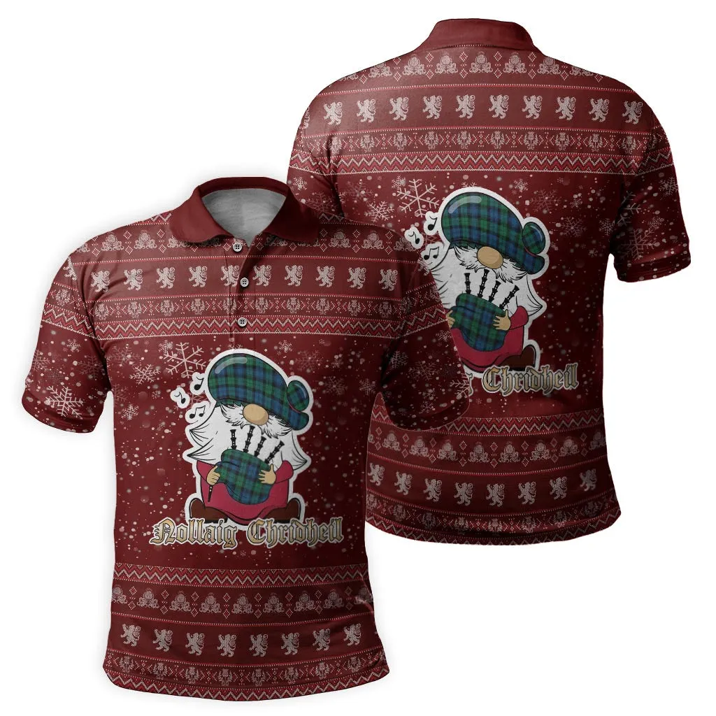 Black Watch Ancient Clan Christmas Family Polo Shirt with Funny Gnome Playing Bagpipes