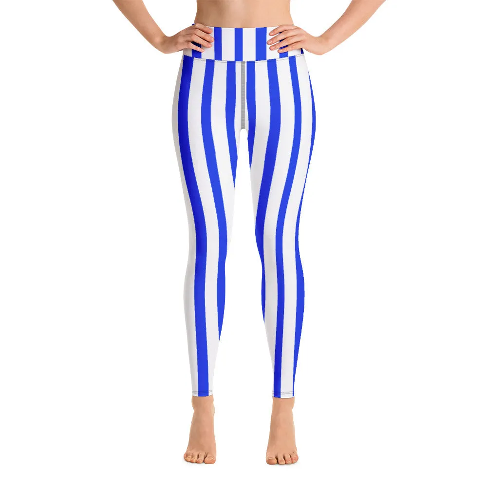 Blue White Striped Yoga Leggings, Vertical Striped Colorful Women's Long Tights-Made in USA/EU