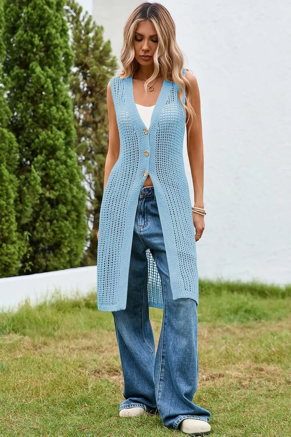 Cakulo Womens Sleeveless Crochet Cardigans Beach Cover Up 2025 Summer Long Knit Sweater Vest Tops