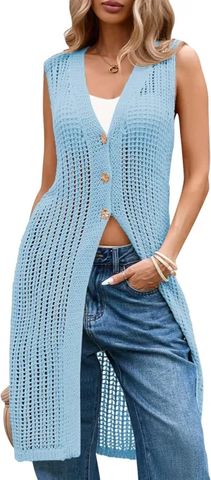 Cakulo Womens Sleeveless Crochet Cardigans Beach Cover Up 2025 Summer Long Knit Sweater Vest Tops