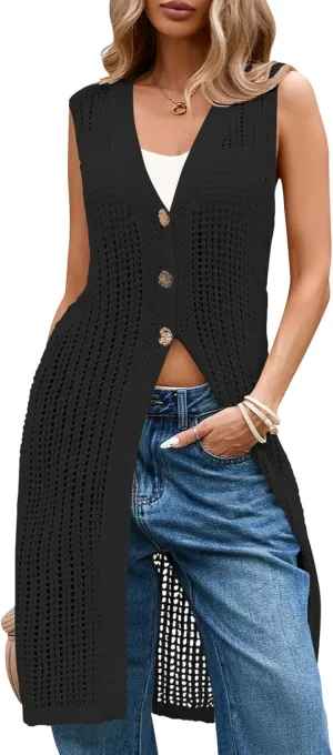 Cakulo Womens Sleeveless Crochet Cardigans Beach Cover Up 2025 Summer Long Knit Sweater Vest Tops