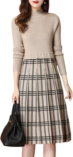 chouyatou Women's Vintage Plaid Checkered Color Block A Line Pleated Knitted Sweater Midi Long Dress