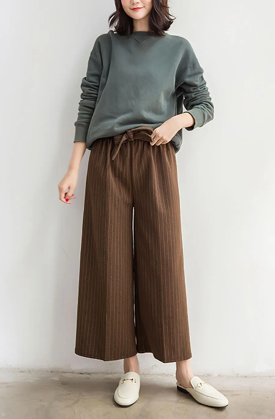 chouyatou Women's Winter Striped Wool Capri Pants High Waist Wide Leg Wool Blend Palazzo Pants Culottes with Belt