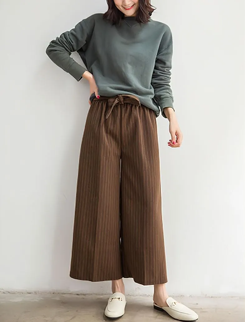 chouyatou Women's Winter Striped Wool Capri Pants High Waist Wide Leg Wool Blend Palazzo Pants Culottes with Belt