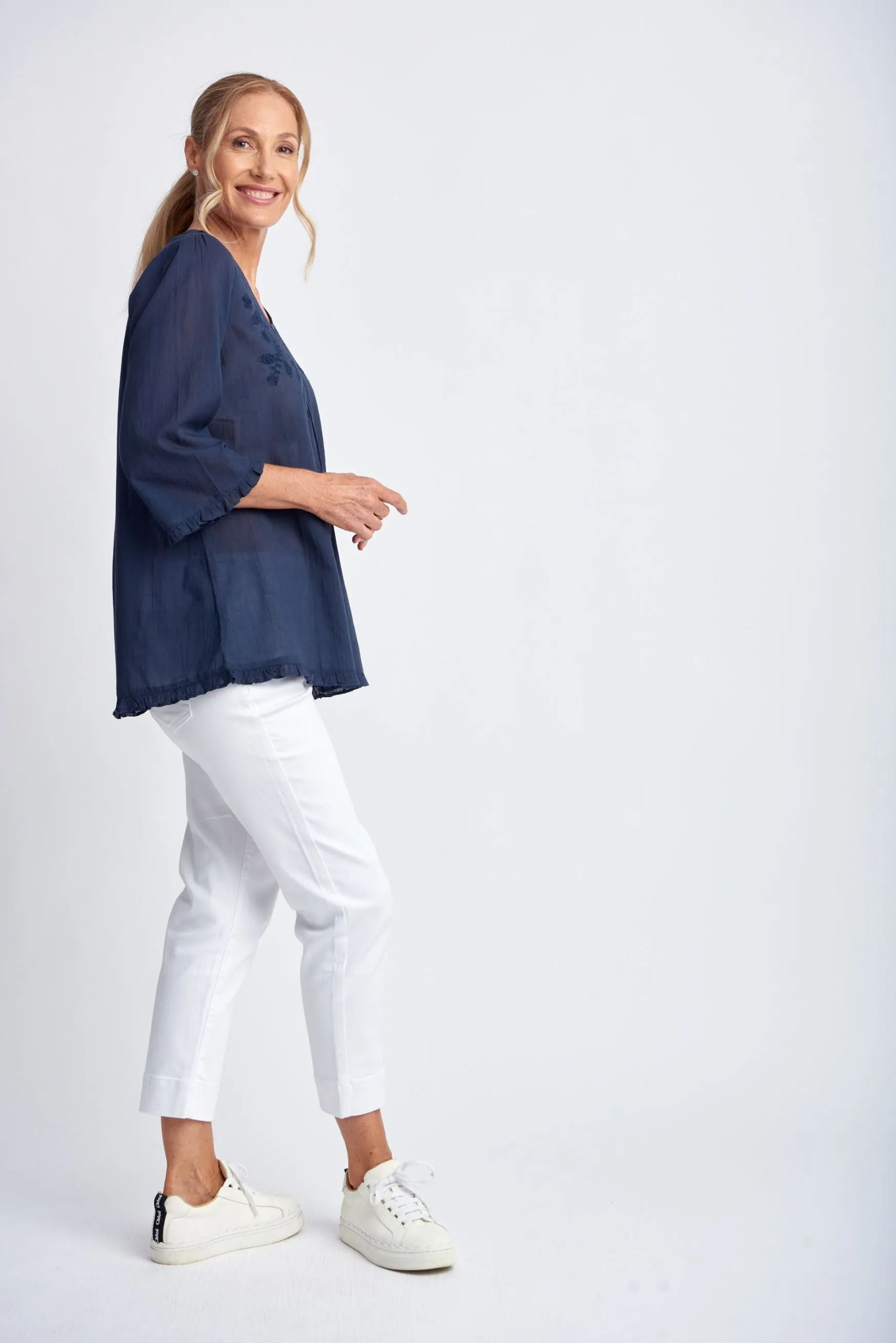 Cotton Trapeze Top With Embroidery Navy