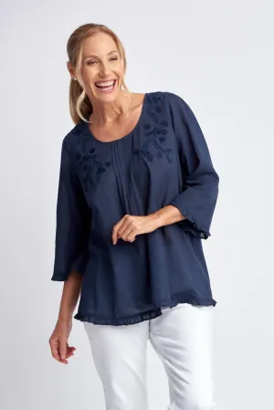 Cotton Trapeze Top With Embroidery Navy