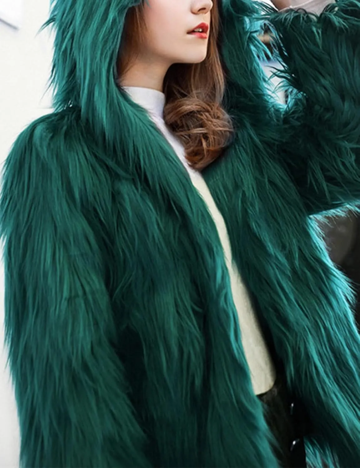 Gihuo Women' s Faux Fur Coat Open Front Long Sleeve Hooded Furry Jacket Warm Outerwear Shaggy Jackets