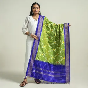Green - Handwoven Pochampally Ikat Pure Mulberry Silk Dupatta with Zari Border