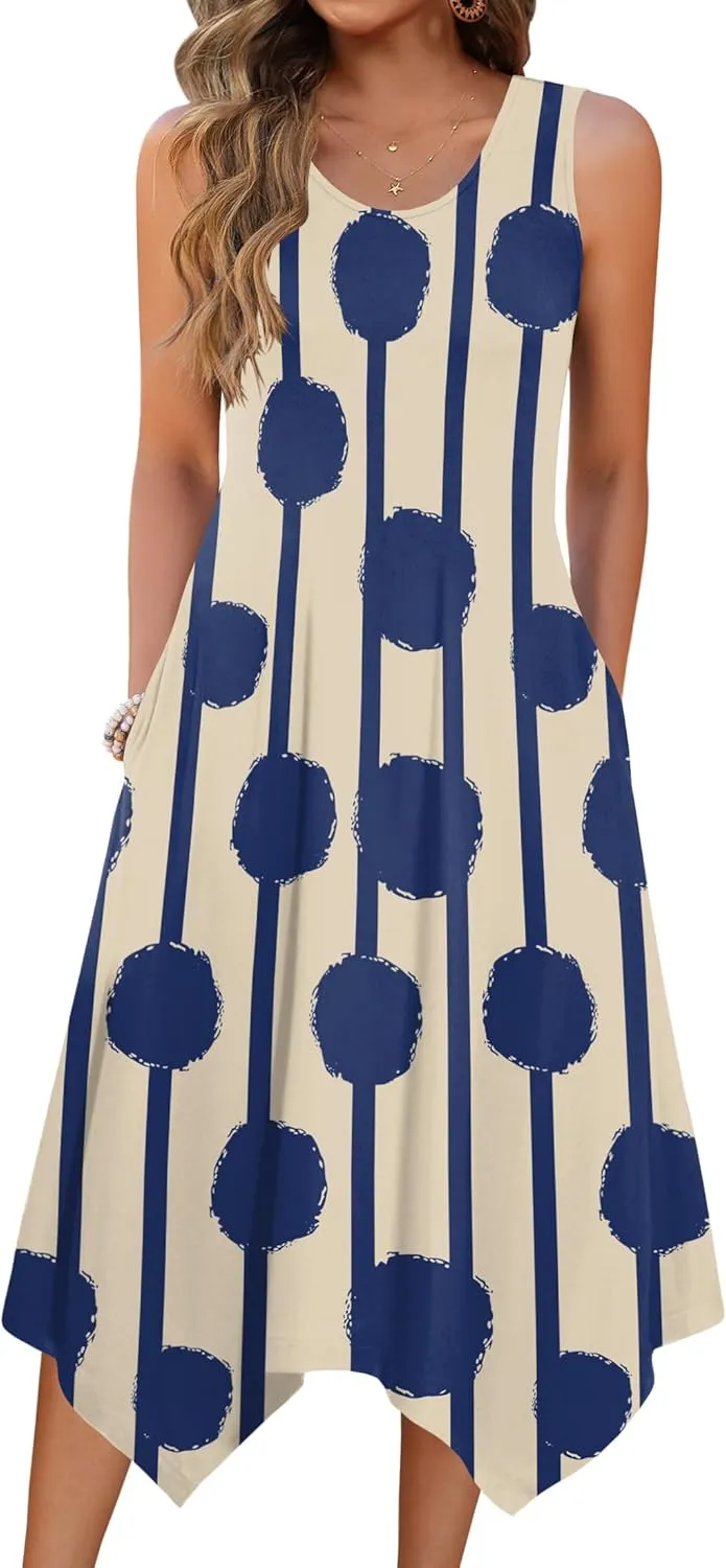 HOTOUCH Women's Casual Summer Dress Sleeveless Sundress Hankerchief Hem Midi Tank Dresses Beach Dress with Pockets