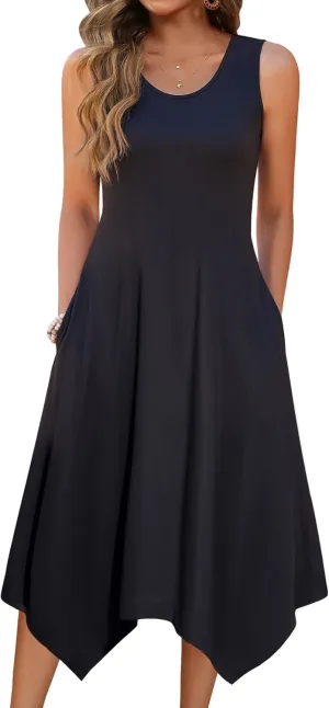 HOTOUCH Women's Casual Summer Dress Sleeveless Sundress Hankerchief Hem Midi Tank Dresses Beach Dress with Pockets