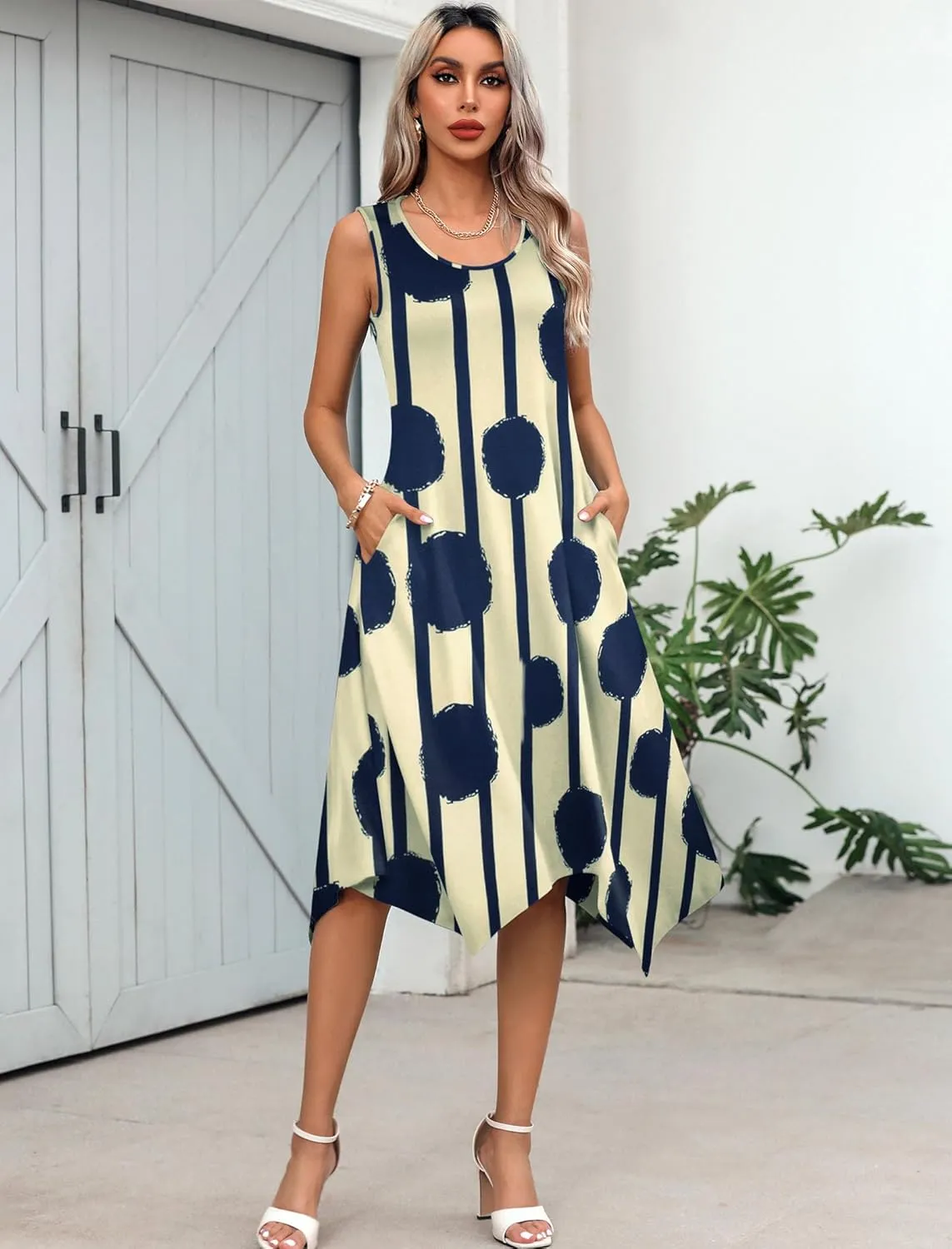 HOTOUCH Women's Casual Summer Dress Sleeveless Sundress Hankerchief Hem Midi Tank Dresses Beach Dress with Pockets