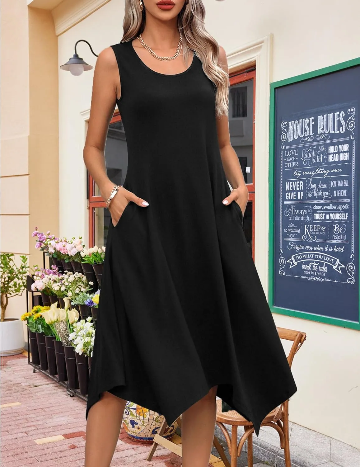 HOTOUCH Women's Casual Summer Dress Sleeveless Sundress Hankerchief Hem Midi Tank Dresses Beach Dress with Pockets