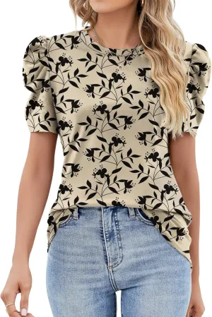 Ivicoer Puff Short Sleeve Shirt for Women Eyelet Tops Summer Crewneck Blouse Loose Fit S-XXL