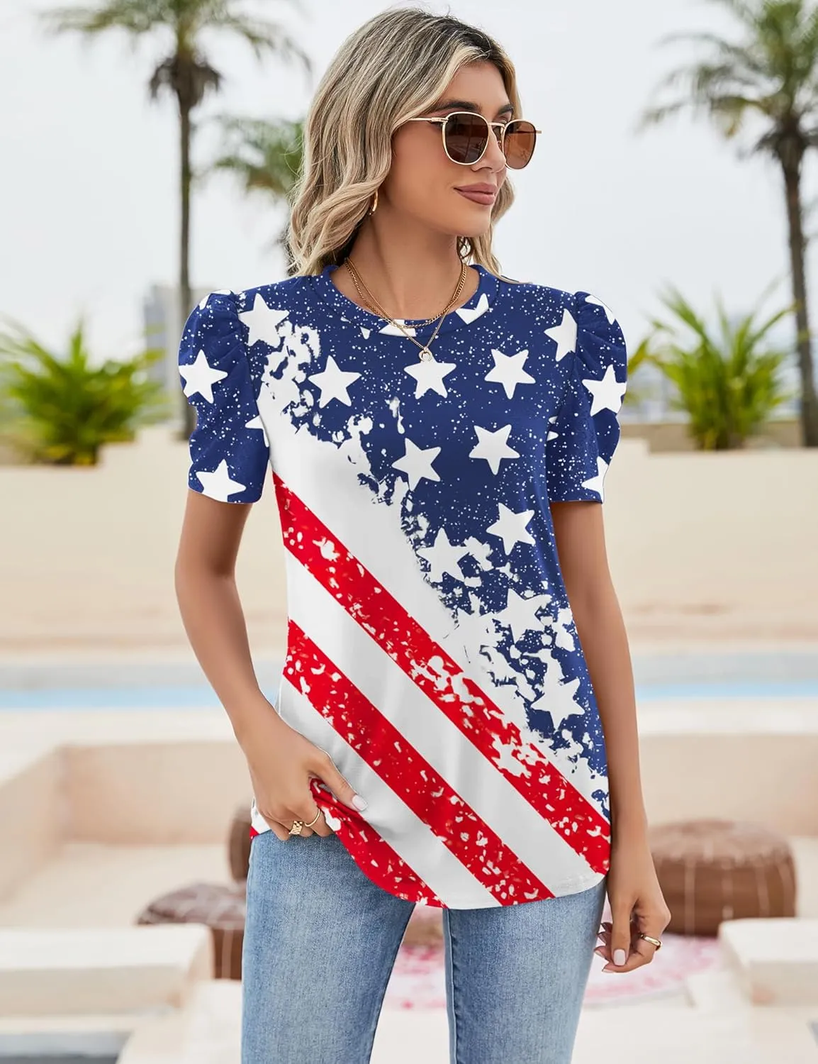 Ivicoer Puff Short Sleeve Shirt for Women Eyelet Tops Summer Crewneck Blouse Loose Fit S-XXL