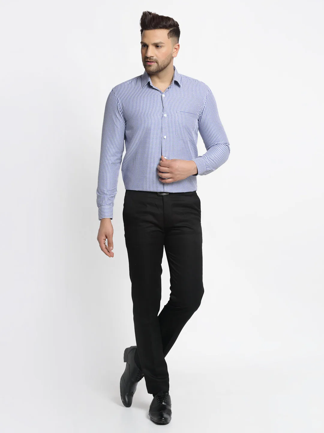 Jashvi Blue Men's Cotton Checked Formal Shirt's