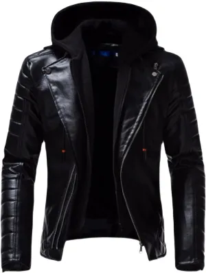 JEsilunmaMY Mens Leather Jackets with Removable Hood Asymmetric Zip Lapel Motorcycle Jacket Slim Fit Moto Biker Bomber Coats