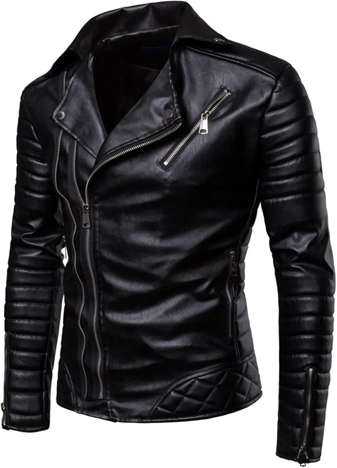 JEsilunmaMY Mens Leather Jackets with Removable Hood Asymmetric Zip Lapel Motorcycle Jacket Slim Fit Moto Biker Bomber Coats