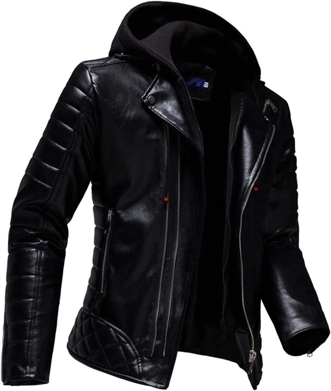 JEsilunmaMY Mens Leather Jackets with Removable Hood Asymmetric Zip Lapel Motorcycle Jacket Slim Fit Moto Biker Bomber Coats