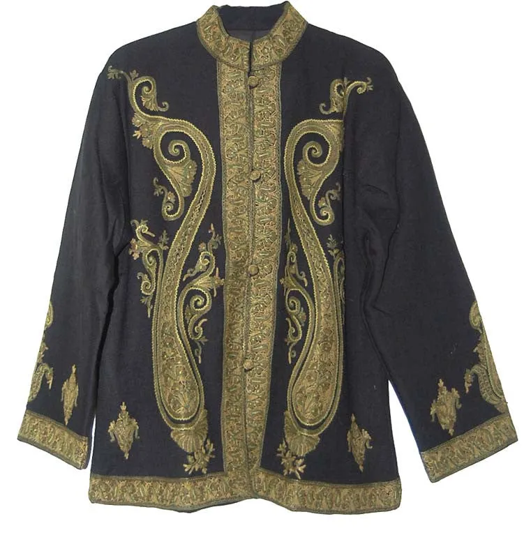Kashmiri Woolen Jacket Black, Green and Olive Embroidery #AO-020