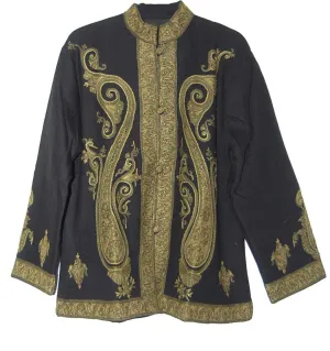 Kashmiri Woolen Jacket Black, Green and Olive Embroidery #AO-020