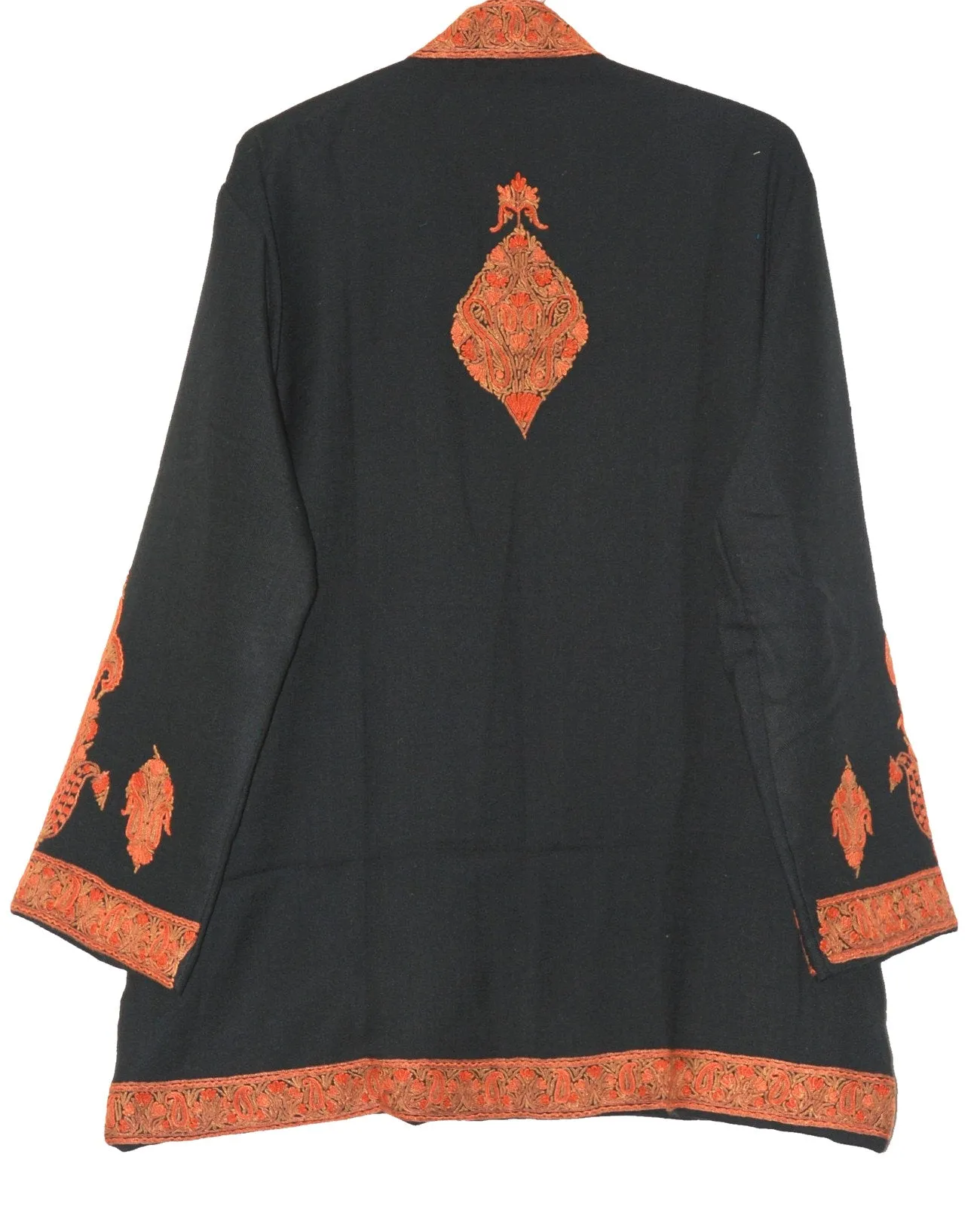 Kashmiri Woolen Jacket Black, Rust and Green Embroidery #AO-019