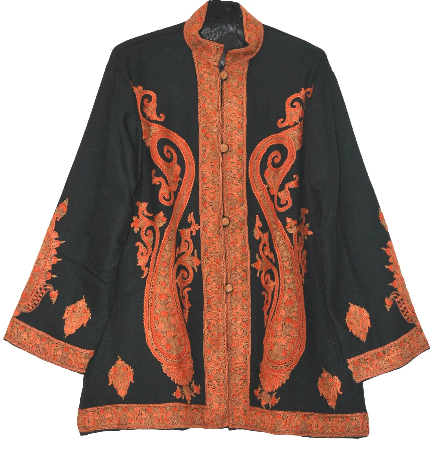 Kashmiri Woolen Jacket Black, Rust and Green Embroidery #AO-019