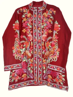 Kashmiri Woolen Jacket Maroon, Multicolor Embroidery #AO-016