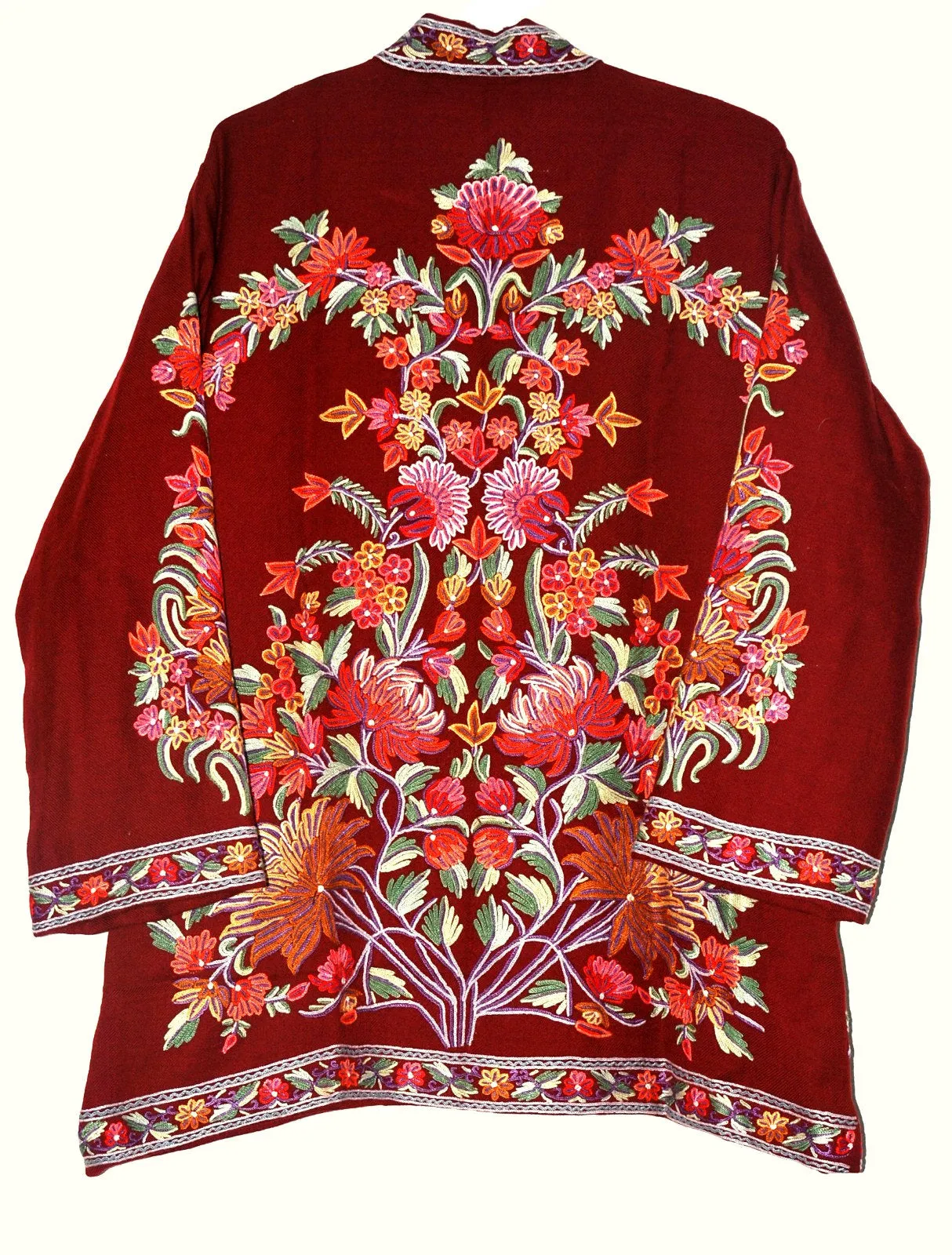 Kashmiri Woolen Jacket Maroon, Multicolor Embroidery #AO-016