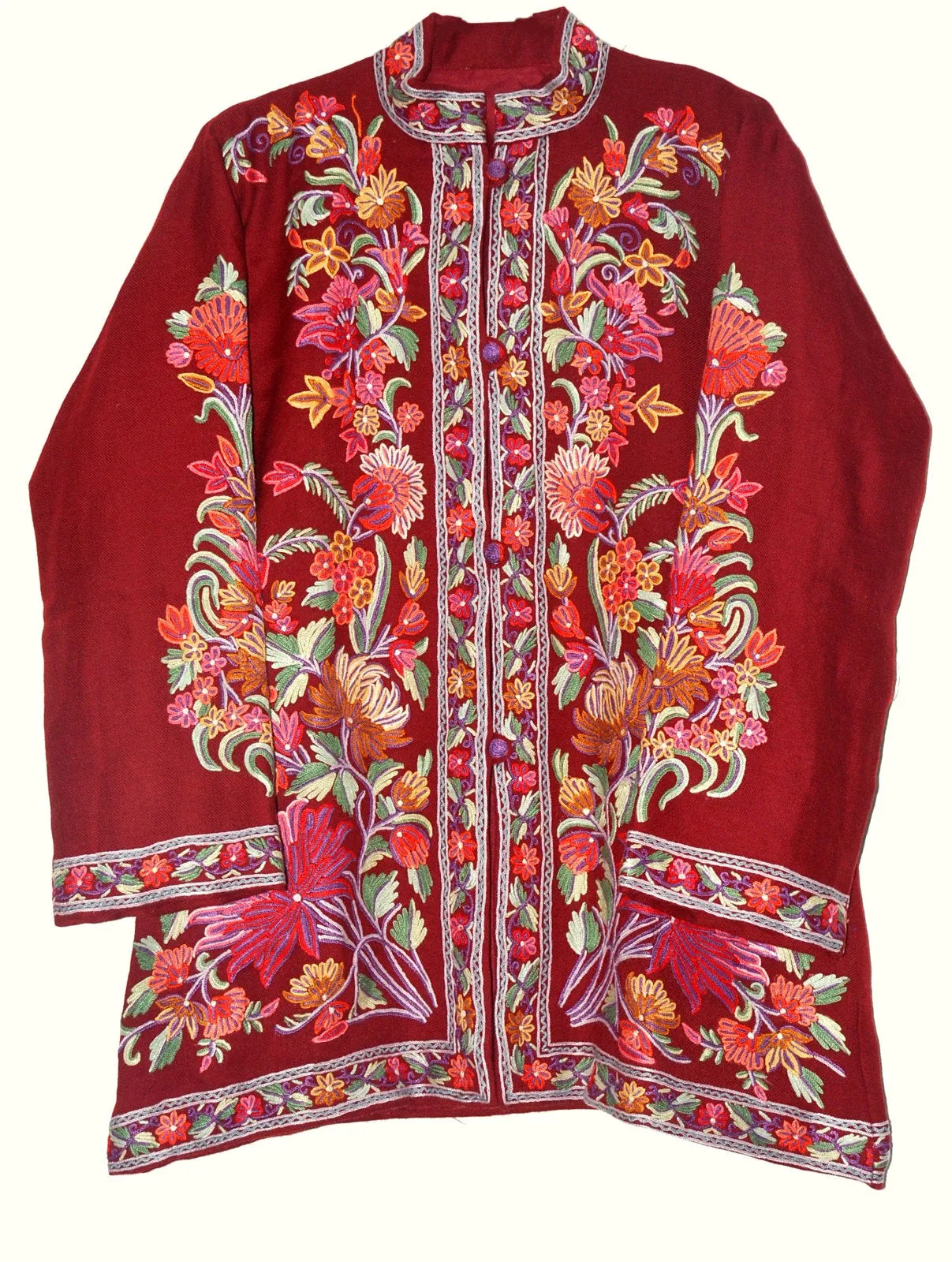 Kashmiri Woolen Jacket Maroon, Multicolor Embroidery #AO-016