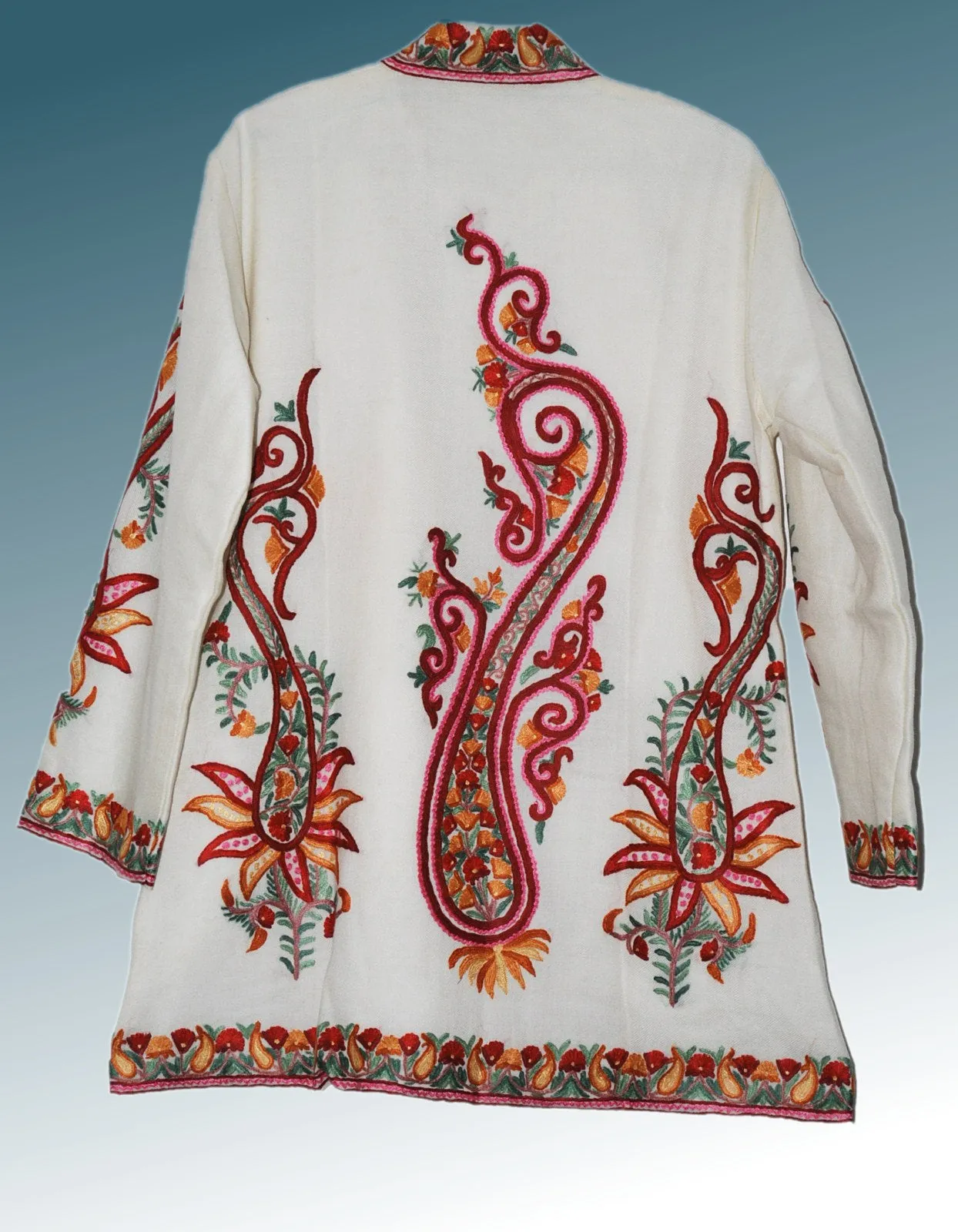 Kashmiri Woolen Jacket Off-White, Multicolor Embroidery #AO-0192
