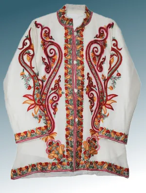 Kashmiri Woolen Jacket Off-White, Multicolor Embroidery #AO-0192