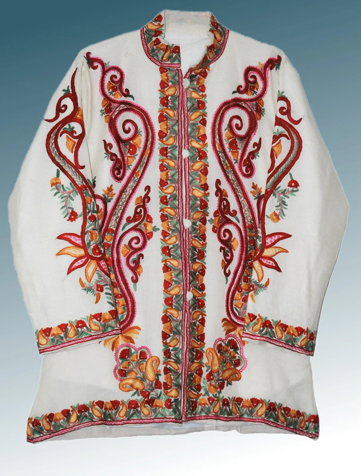 Kashmiri Woolen Jacket Off-White, Multicolor Embroidery #AO-0192