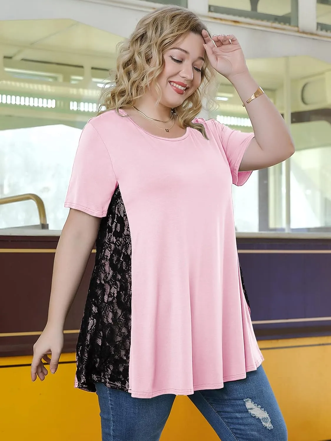 LARACE Plus Size Spring Summer Tunics Tops Short Sleeve Shirts Flowy Lace Tops Wrinkle Free Blouses for Women Dressy Casual