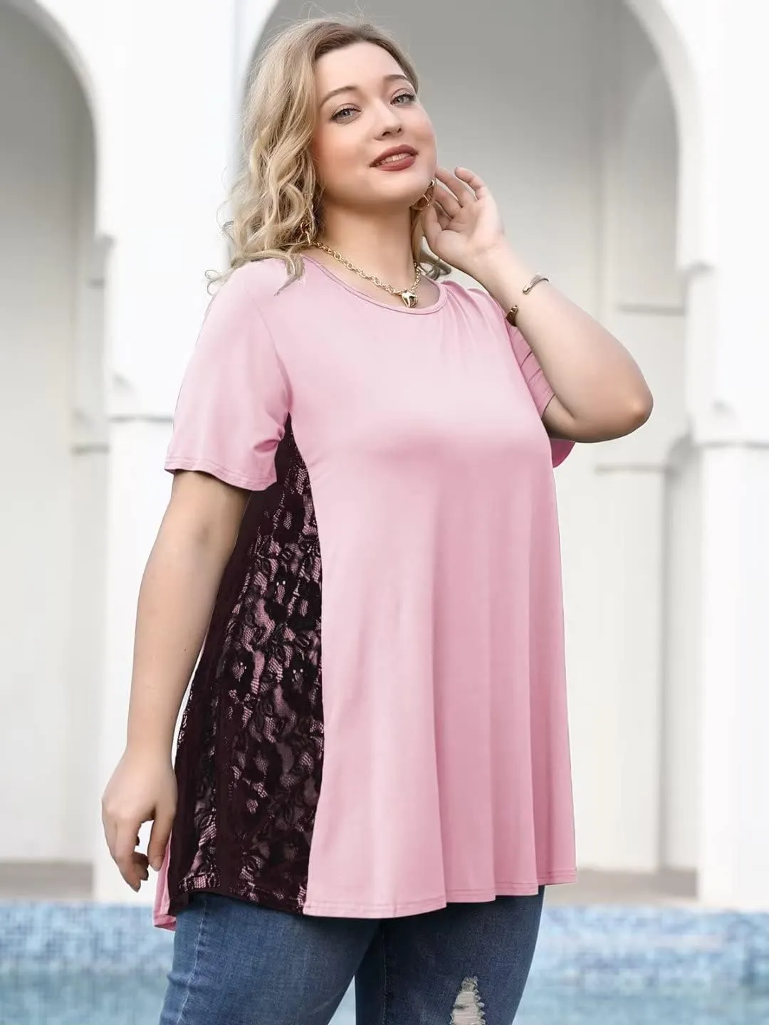 LARACE Plus Size Spring Summer Tunics Tops Short Sleeve Shirts Flowy Lace Tops Wrinkle Free Blouses for Women Dressy Casual