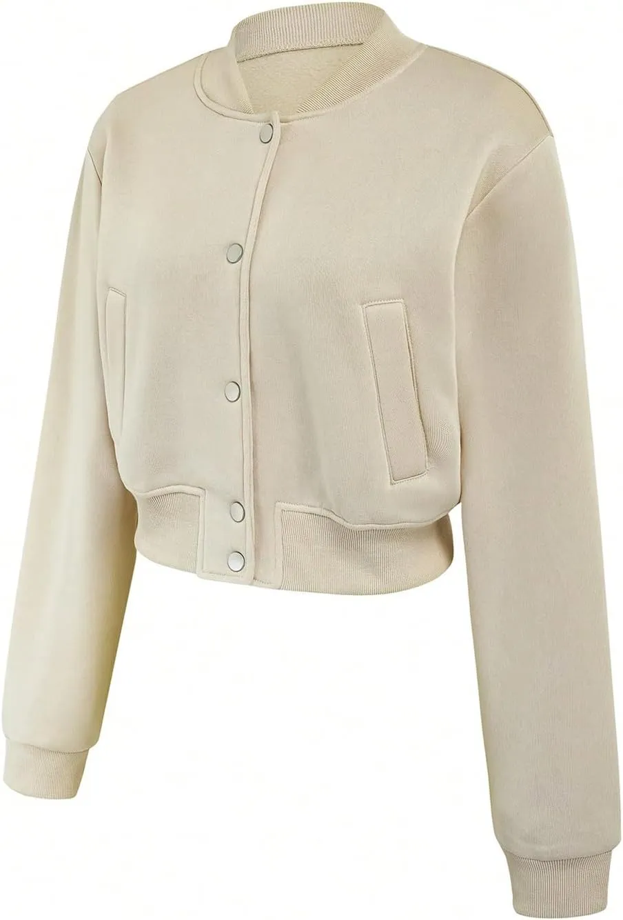 MakeMeChic Women's Long Sleeve Crop Top Baseball Jacket Button Down Varsity Jackets with Pocket