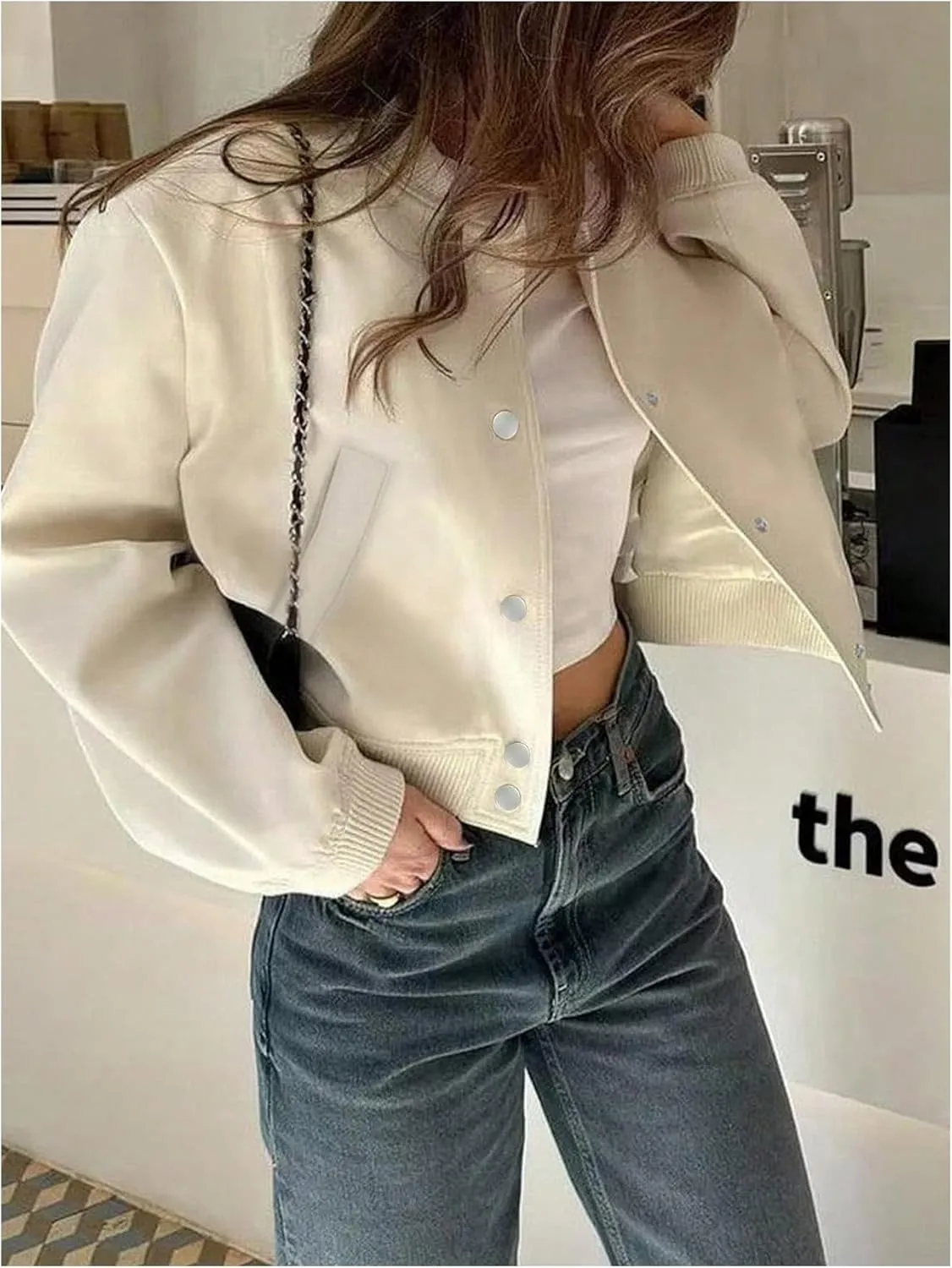 MakeMeChic Women's Long Sleeve Crop Top Baseball Jacket Button Down Varsity Jackets with Pocket