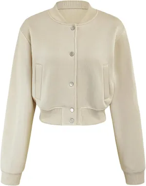 MakeMeChic Women's Long Sleeve Crop Top Baseball Jacket Button Down Varsity Jackets with Pocket