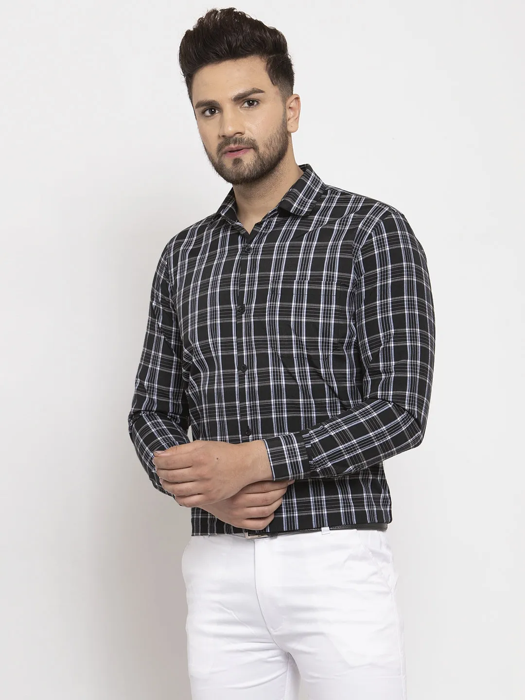 Men's Black Cotton Checked Formal Shirt's ( SF 764Black ) - Jainish
