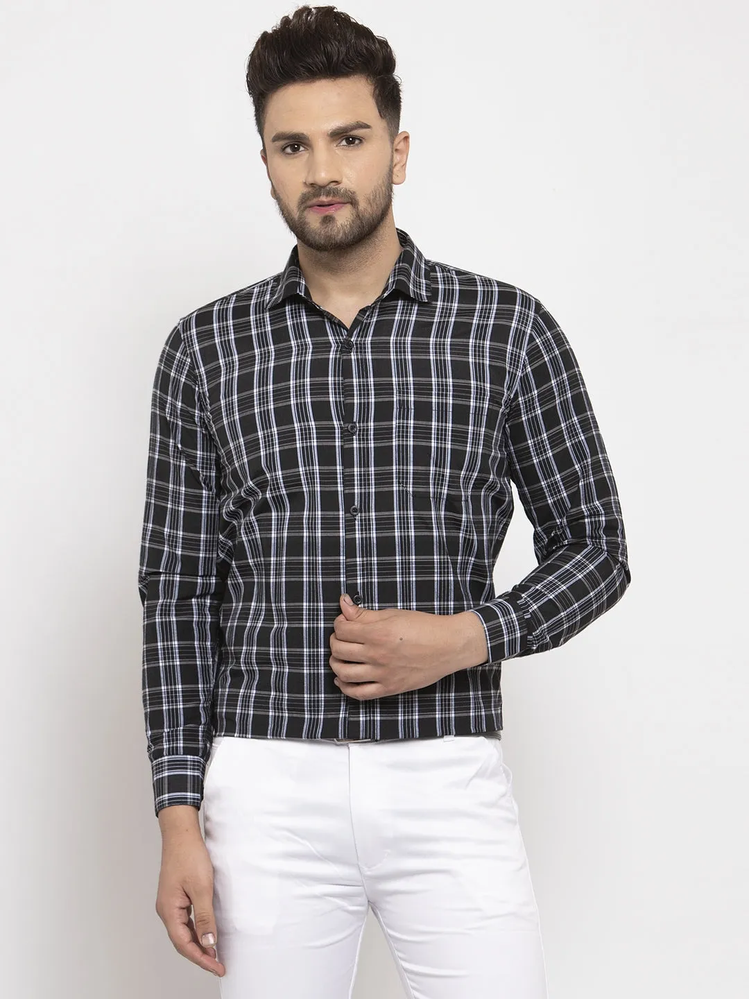 Men's Black Cotton Checked Formal Shirt's ( SF 764Black ) - Jainish