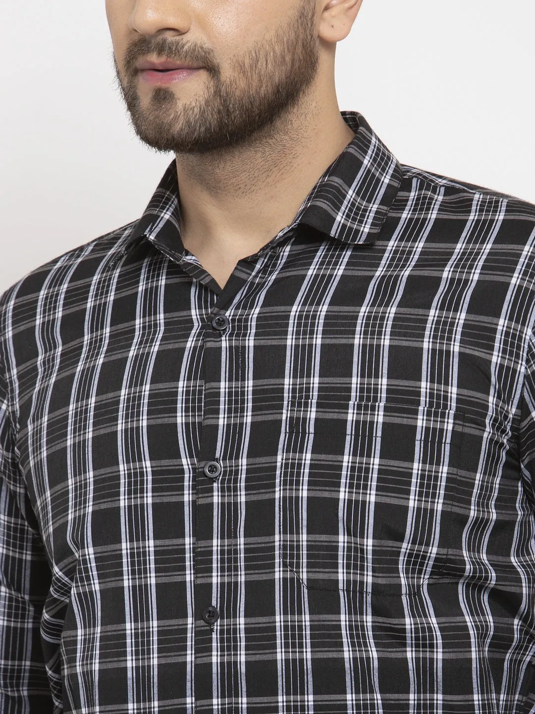 Men's Black Cotton Checked Formal Shirt's ( SF 764Black ) - Jainish