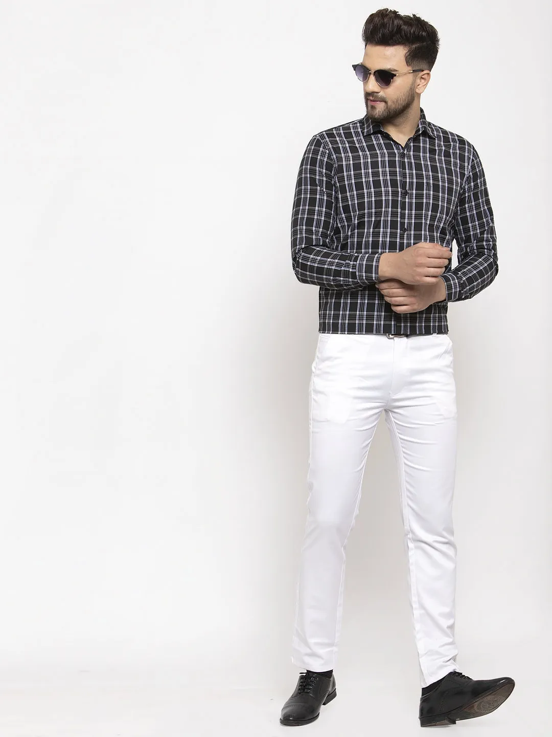Men's Black Cotton Checked Formal Shirt's ( SF 764Black ) - Jainish