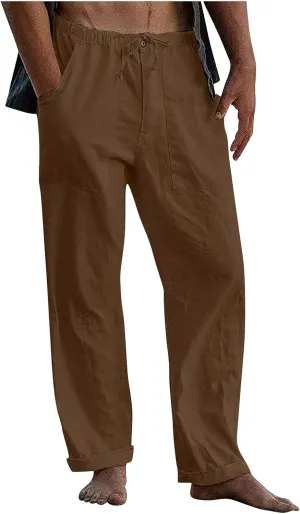 Mens Jogging Pants Men Dress Pants Loose Casual Solid Color Cotton Linen Trousers Elastic Tie Printed Straight Pants