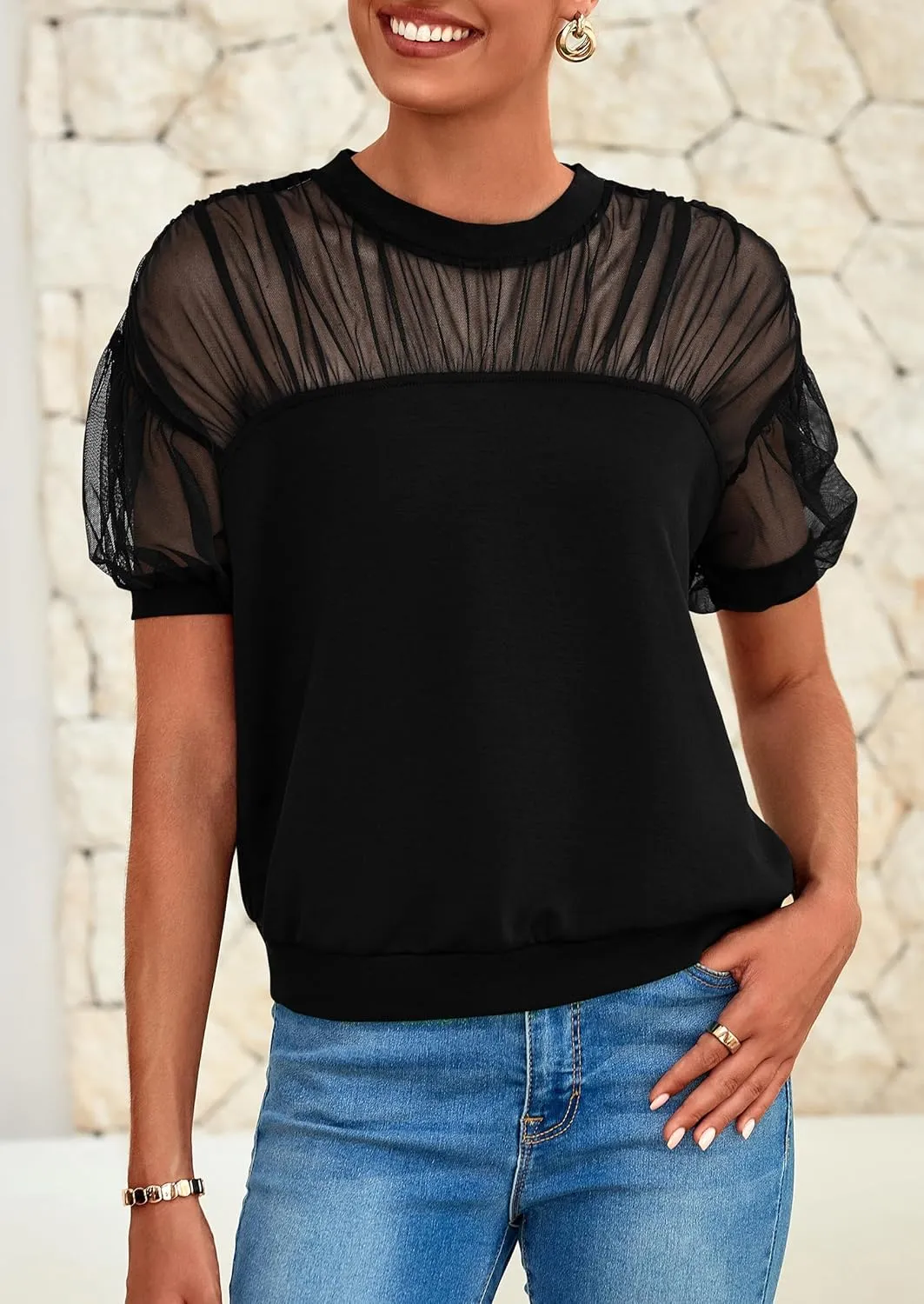 PRETTYGARDEN Women's 2025 Summer Crew Neck Short Sleeve Shirts Lace Going Out Sheer Mesh Crop Tops Dressy Casual Blouses