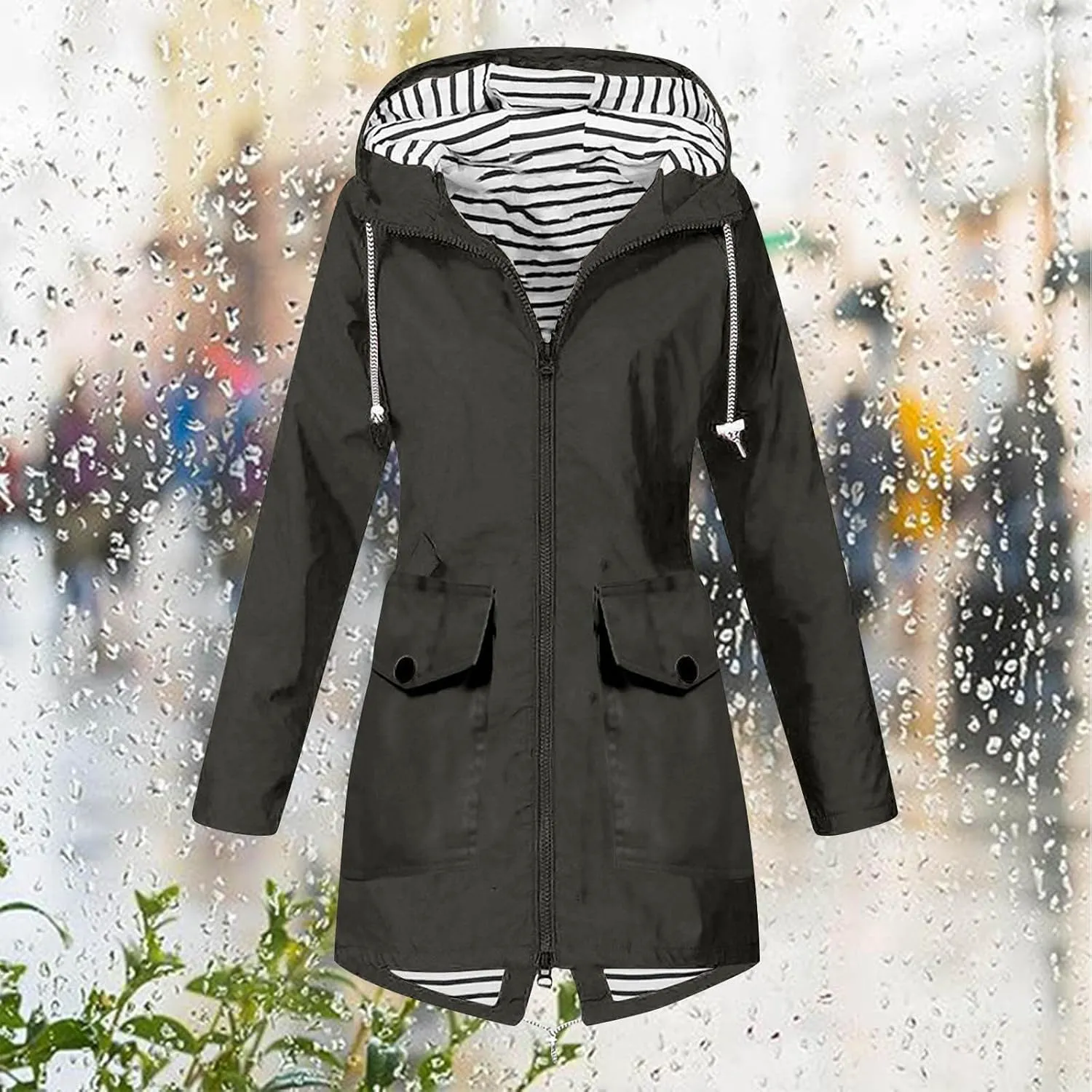 Rain Jacket for Women Lightweight Long Hooded Raincoat Waterproof Outdoor Travel Hiking Windbreaker Trench Coats