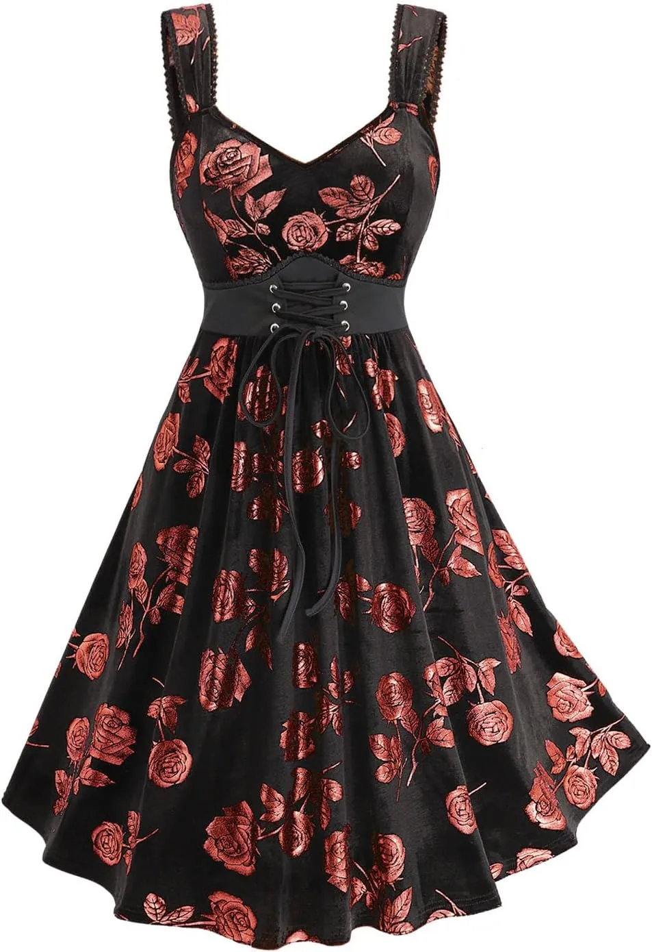 Rosegal Women Plus Size Gilding Rose Lace Up Velvet Sleeveless Swing Dress